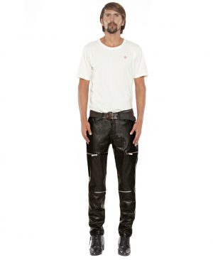 Mens Black leather Pants with Zipper Embellishments