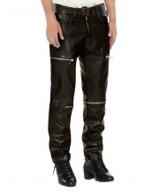Mens Black leather Pants with Zipper Embellishments