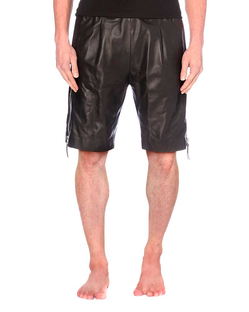 Mens Black Leather Shorts with Side Zippers 1