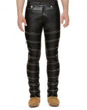 Mens Black Skinny Leather Pants with Zippered Front