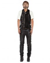 Mens Black Leather Motorcycle Vest with Buckle Harness