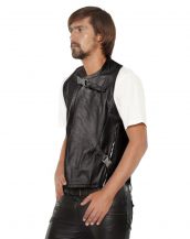 Mens Black Leather Motorcycle Vest with Buckle Harness