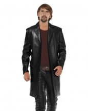 Black Lambskin Leather Long Coat for Men with Notched Lapels