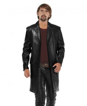 Black Lambskin Leather Long Coat for Men with Notched Lapels