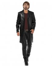 Black Lambskin Leather Long Coat for Men with Notched Lapels