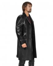 Black Lambskin Leather Long Coat for Men with Notched Lapels
