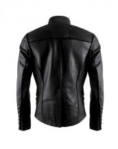Mens Black Military Leather Jacket with Asymmetrical Button Placket