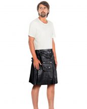 Pleated Black Leather Kilt for Men with Pouch Belt