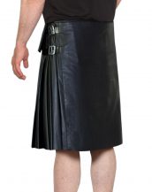 Mens Casual Black Leather Kilts with Side Adjustable Buckle Tabs