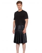 Mens Casual Black Leather Kilts with Side Adjustable Buckle Tabs