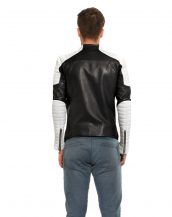 Mens Black and White Leather Biker Jacket with Waist Belt