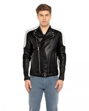 Mens Black and White Leather Biker Jacket with Waist Belt