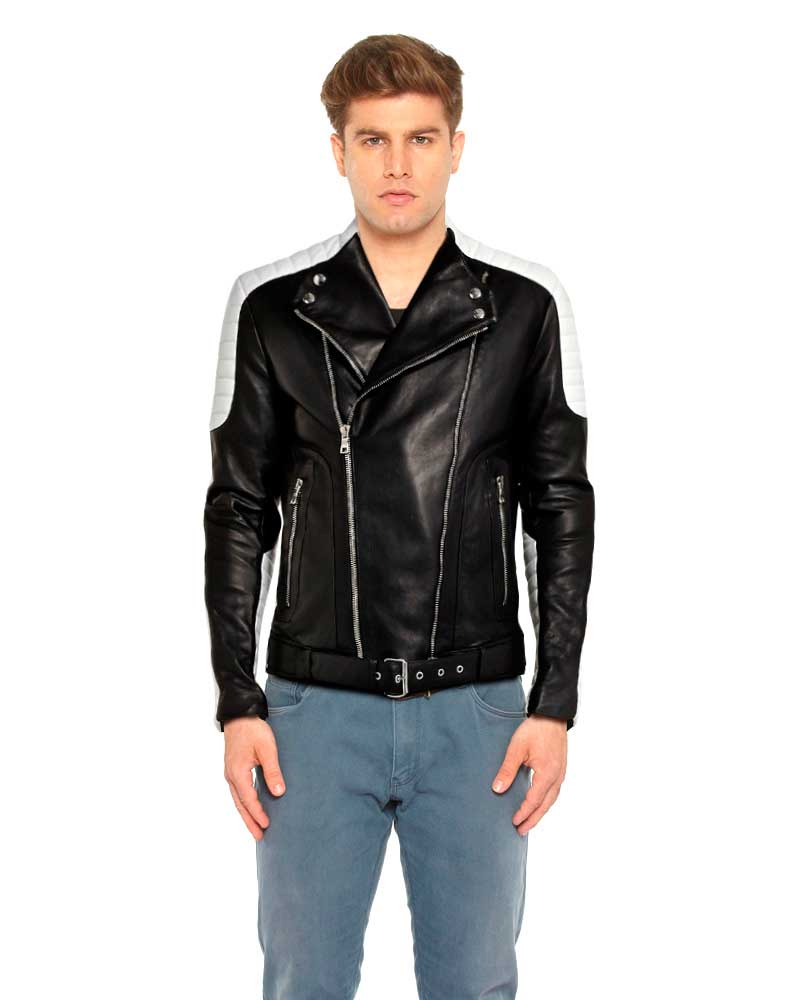 Mens Black and White Leather Biker Jacket with Waist Belt 1