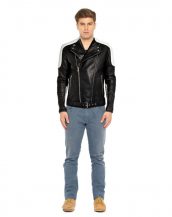 Mens Black and White Leather Biker Jacket with Waist Belt
