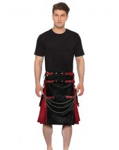 Mens Designer Red & Black Studded Leather Kilt with Chain Accent