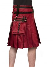 Mens Designer Red & Black Studded Leather Kilt with Chain Accent