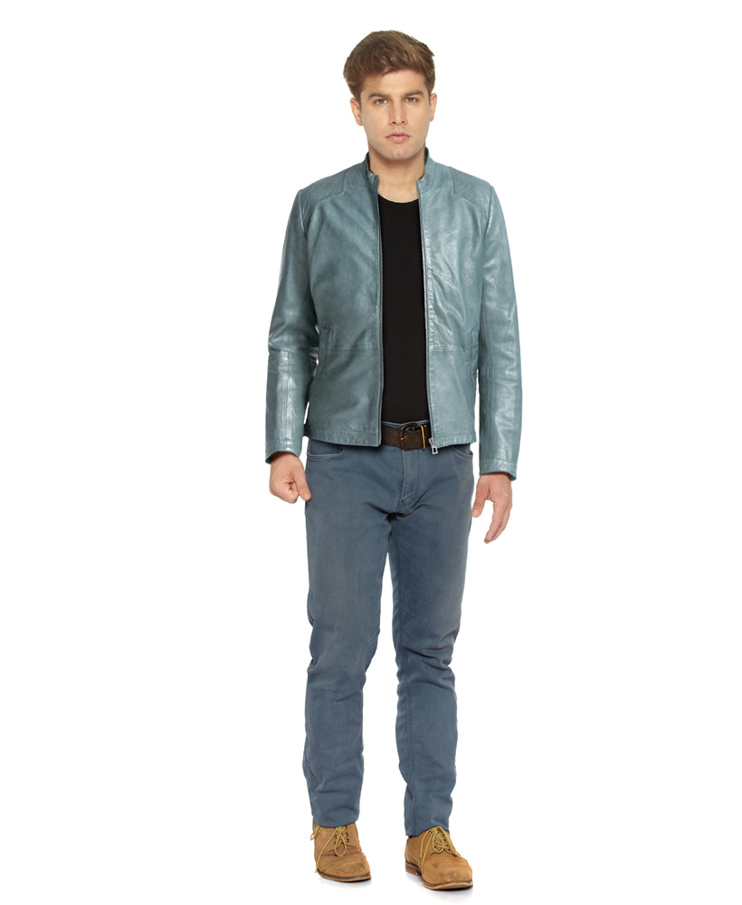 Mens Denim Blue Sleeves Casual Leather Jacket