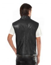Mens Black Leather Biker Vest with Faux Flap Pocket