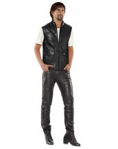 Mens Black Leather Biker Vest with Faux Flap Pocket