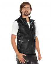 Mens Black Leather Biker Vest with Faux Flap Pocket