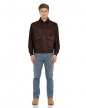 Brown Suede Bomber Jacket with Flap Patch Pockets