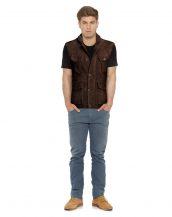 Mens Brown Motorcycle Vest with Ribbed Collar