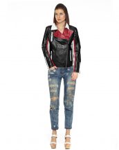 Color blocked stripe leather biker jacket