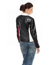 Color blocked stripe leather biker jacket