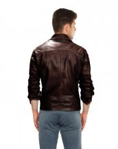 Mens Brown Leather Motorcycle Jacket with Notch Lapel Collar