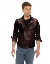 Mens Brown Leather Motorcycle Jacket with Notch Lapel Collar