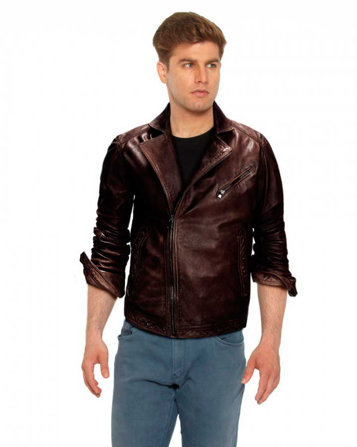 Mens Brown Leather Motorcycle Jacket with Notch Lapel Collar 1