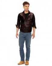 Mens Brown Leather Motorcycle Jacket with Notch Lapel Collar