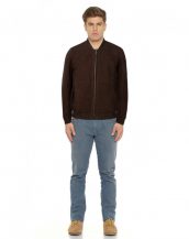 Mens Classic Brown Suede Bomber Jacket with Round Collar