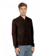 Mens Classic Brown Suede Bomber Jacket with Round Collar