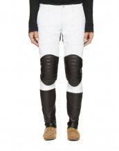 Mens Stylish Color Block leather Pants with Quilted Knee Panels