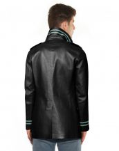 Men Double Breasted Lamb Leather Coat with Stripe Detail