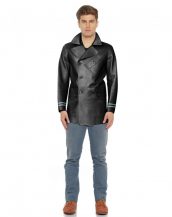 Men Double Breasted Lamb Leather Coat with Stripe Detail