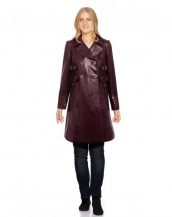 Womens Double Breasted Leather Coat with Pocket Detailing