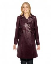 Womens Double Breasted Leather Coat with Pocket Detailing