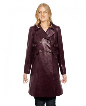 Womens Double Breasted Leather Coat with Pocket Detailing