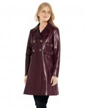 Womens Double Breasted Leather Coat with Pocket Detailing