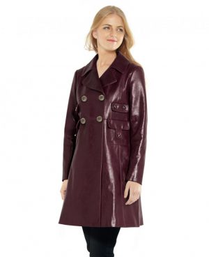 Womens Double Breasted Leather Coat with Pocket Detailing
