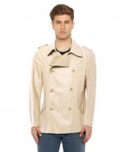 Classy Double Breasted Leather Coat with Shoulder Epaulettes