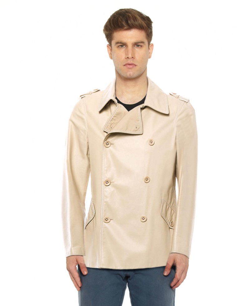 Classy Double Breasted Leather Coat with Shoulder Epaulettes 1