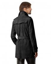 Mens Double Breasted Suede Trench Coat with Waist Belt