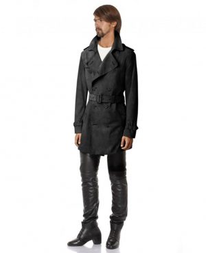 Mens Double Breasted Suede Trench Coat with Waist Belt