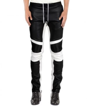 Mens Fashionable Lambskin Leather Trousers with Contrast Panels