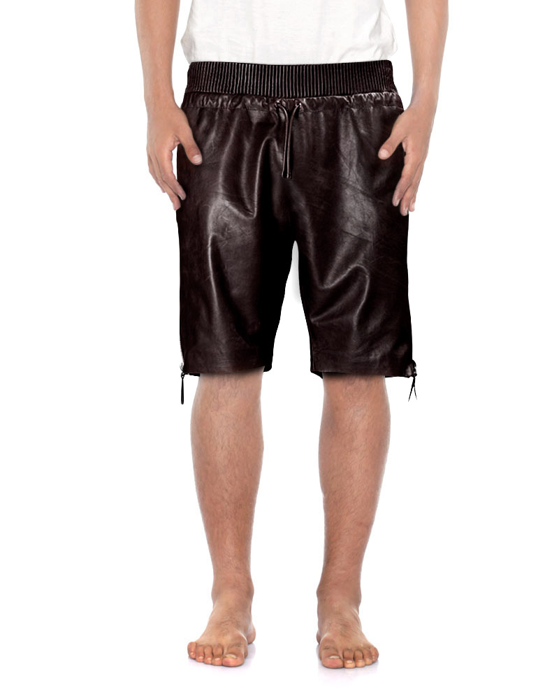 Mens Brown Leather Shorts with Side Zipper Closure 1