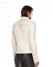 Mens Ivory Leather Jacket with Asymmetrical Zip Fastening