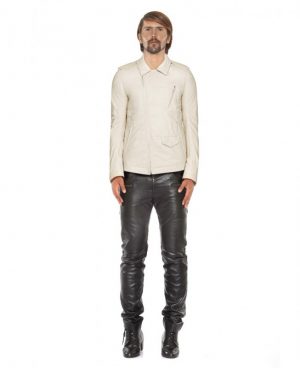 Mens Ivory Leather Jacket with Asymmetrical Zip Fastening